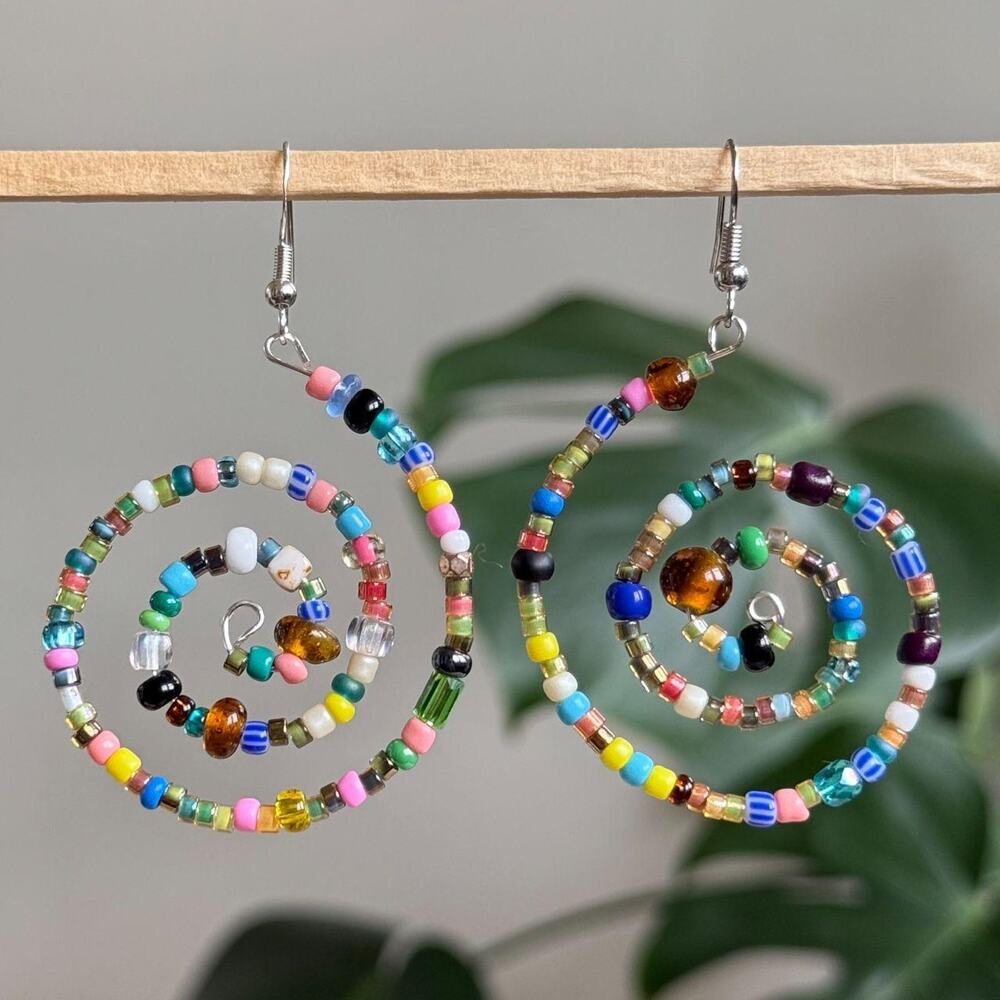 Handmade colorful beaded spiral earrings